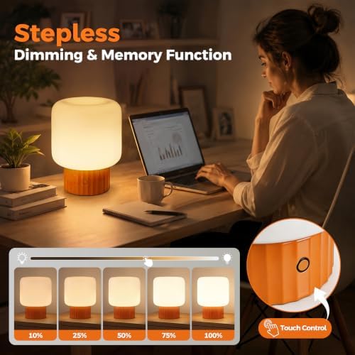 VOLISUN Mushroom Lamp, Cordless Rechargeable Table Lamp with Glass Shade, 3 Color Temperatures & Stepless Dimming, 5200mAh, Touch Control Bedside Lamps for Living Room, Bedroom, 1 Pack (Orange)