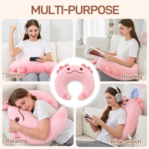 Cute Gaming Pillow for Lap - Plush Reading & Crocheting Pillow for Sitting in Bed, Soft Arm Support Cushion for Tablet/iPad, Kawaii Room Decor Gift Teen Girls & Pink Axolotl Lovers