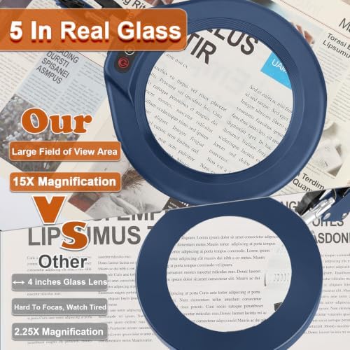 Veemagni 5 Inch Large Real Glass Magnifying Glass with Light and Stand, 5 Color Modes Stepless Dimmable, 2 * 16 Inch Swivel Arm LED Clamp Desk Lamp, Hands Free 15X Lighted Magnifier for Crafting-Blue