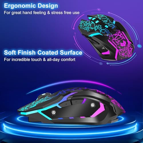 Wireless Gaming Mouse,Rechargeable Computer Mouse with Type-C Fast Charging, Ergonomic Mouse with 3 Adjustable DPI, 6 Silent Buttons, LED Light, Long Battery Life for Laptop, PC, Mac