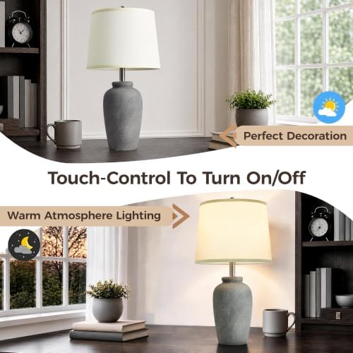 Textured Ceramic Table Lamp Touch Dimmable Bedside Lamp, Aged Gray