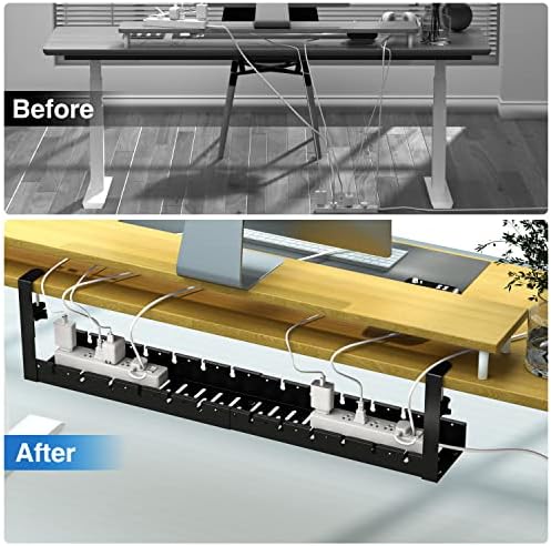 No Drilling Extendable Under Desk Cable Management, Metal Cable Management Tray Under Desk with Clamp, Retractable Power Strip Cord Holder for Wire Management 31Inch(1 Pack Black Extendable 31')