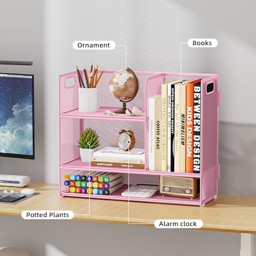 Marbrasse Desk Shelf Organizer with Handle, Bookshelf File Holder, Pink