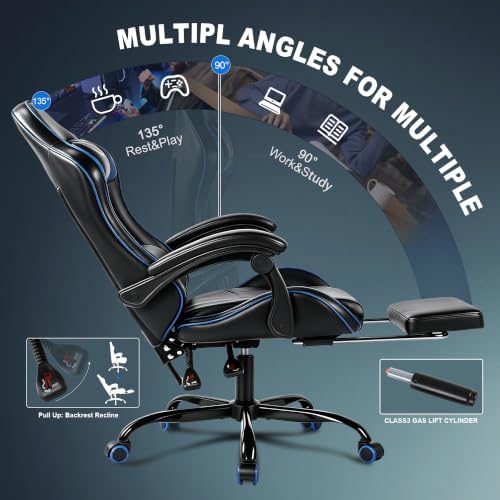 Gaming Chair for Adults with Pocket Spring Cushion Footrest Blue and Black