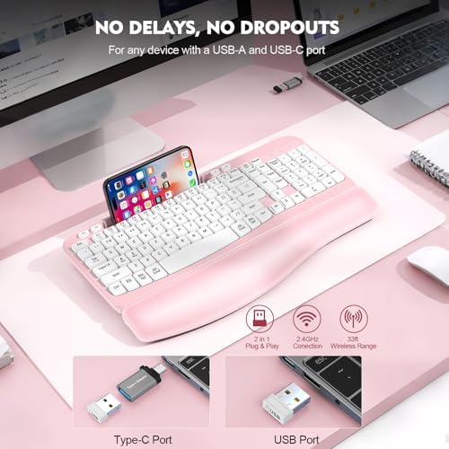EAYBLLY 2.4G Wireless Ergonomic Keyboard, Full Size Wave Keys with Memory Foam Wrist Rest & 7.28in Phone Holder, USB-C Adapter Included for Windows Mac Chrome OS, Office or Home (Pink)