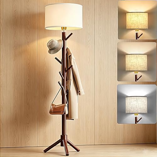 Floor Lamp with Coat Rack, 3 Color Dimmable Wood Standing Lamp with 8 Hooks, Modern Country Vintage Tall Lamp for Living Room Bedroom Entryway Apartments