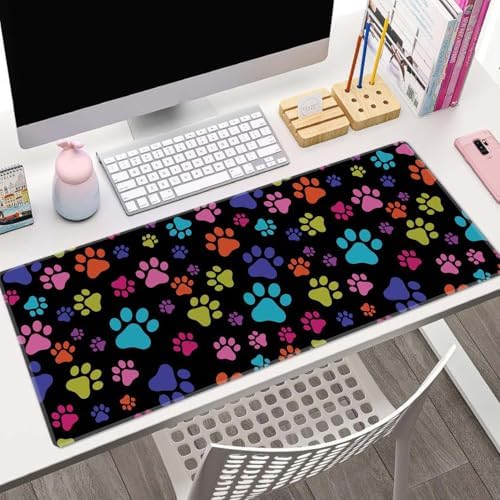 XL Gaming Desk Mat - Extended Big Cute Dog Paws Mouse Pad - Waterproof, Non-Slip Base, Stitched Edges - 31.5x11.8 in