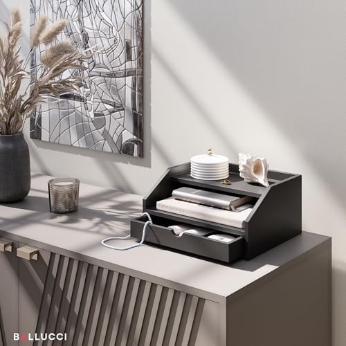 Ballucci Desk Organizer with Drawer, 2 Tier Paper Office Supplies Desk Organizer, 13 2/5" x 9 3/5" x 6", Black