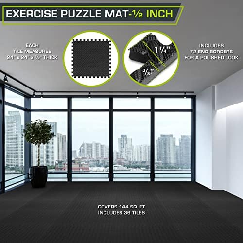 ProsourceFit Exercise Puzzle Mat ½-inch, EVA Interlocking Foam Floor Tiles for Home Gym, Workout Equipment, Kids Play Areas, Black, 144 SQ FT - 36 Tiles