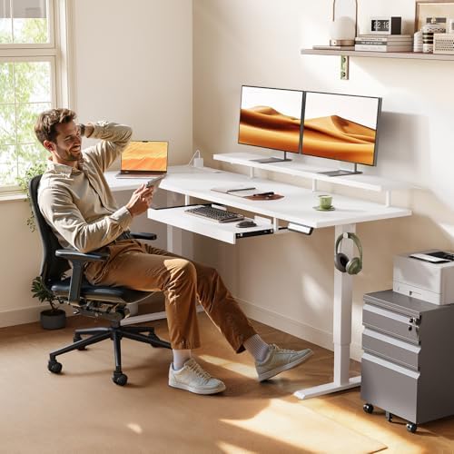 OffiGo 63 Inch Reversible L Shaped Electric Standing Desk, White