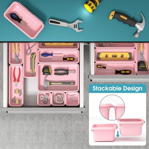 25 PCS Drawer Organizer Set, 4 Size Makeup Drawer Divider Organizer With Non-Slip Pads, Interlocking Plastic Storage Bins for Office,Jewelry Vanity,Gadgets, Bathroom,Kitchen, Pink