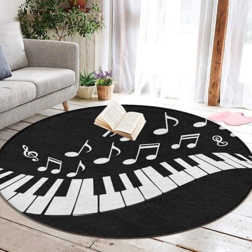 Home Decor Non Slip Kitchen Office Circle Rug, Machine Washable Modern Round Area Rug, Room Sofa Yoga Soft Round Carpet Piano Keys with Musical Notes Black and White