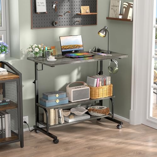 32" Height Adjustable Standing Desk with Power Outlets - Manual Rolling Stand Up Desk with Wheels Small Portable Computer Desk Mobile Laptop Table with Storage Shelves for Home Office, Grey Oak