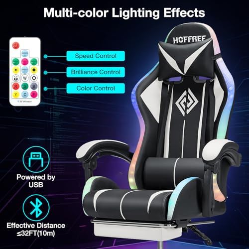 RGB Gaming Chair with LED Lights Massage Ergonomic Computer Chair-White