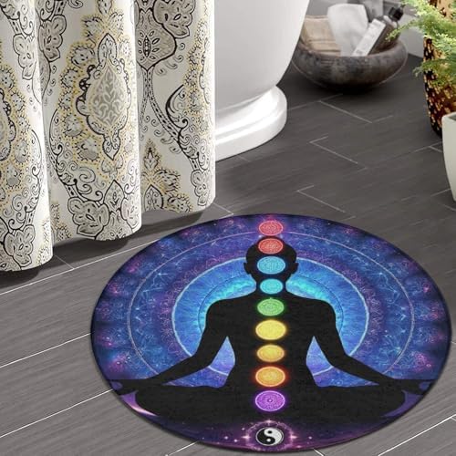 Large Home Decor Mat, Soft Round Yoga Carpet, Non-Slip Machine Washable Home Office Circle Rug Compatible with Nine Chakra Yoga Meditation Lotus Blue Mandala