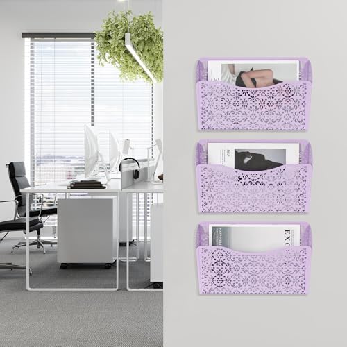 EasyPAG 3 Single Wall Mount File Organizer Vertical Metal Wall Pocket File Holder for Office, Home, School, Purple