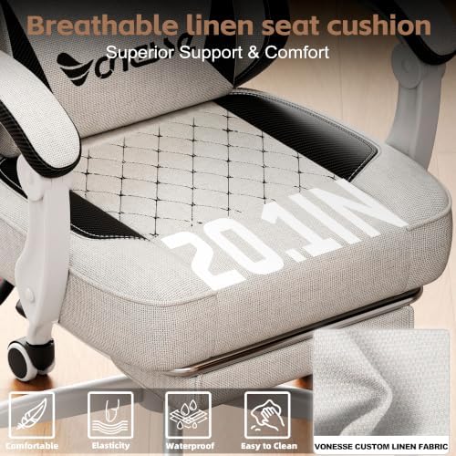 Vonesse Gaming Chair, Desk Chair with Linen Breathable Mesh Fabric, Office Chair with Adjustable Lumbar Support, Computer Chairs with Footrest and Headrest (Beige White)