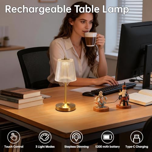 Shenmoyl Cordless Touch Table Lamp with 5200mAh Battery - 3 Adjustable Color Temperatures & Dimmable, Rechargeable Lamp for Bedroom, Living Room, Office, Entryway, Bookshelves (Transparent Stripe)