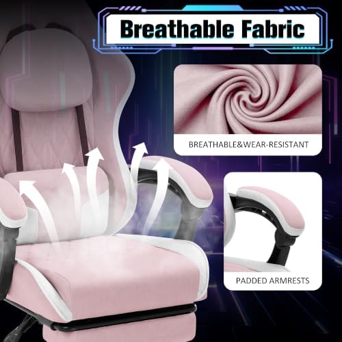 Gaming Chair with Footrest, Ergonomic Fabric Desk Chair, Pink