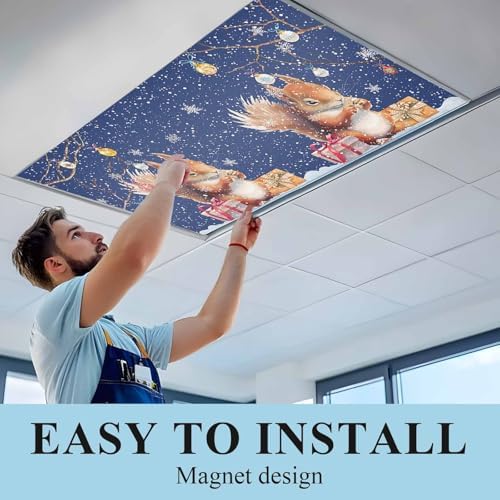 2 Pcs Fluorescent Light Covers for Ceiling Lights,Christmas Squirrel Winter Snowflake,Magnetic Light Filters Drop Fluorescent Lights Shade for Office Xmas Ball Dark Blue