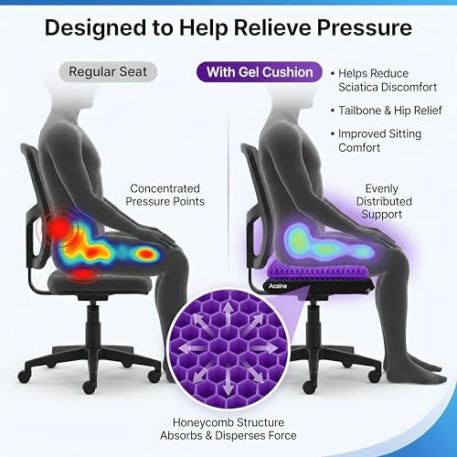 Extra Thick Large Pure Gel Seat Cushion for Long Sitting, Breathable Comfort Cushion for Back, Sciatica, Tailbone & Hip Pain Relief, Washable Portable Cushion for Office Chair, Car, Wheelchair