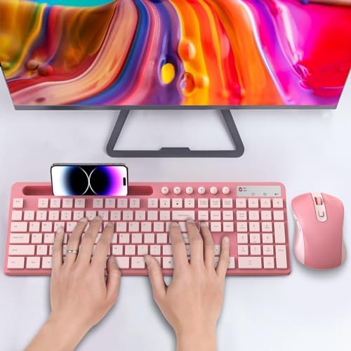 MARVO Wirelss Keyboard and Mouse Combo with Phone Holder, Full-Size, Sakura