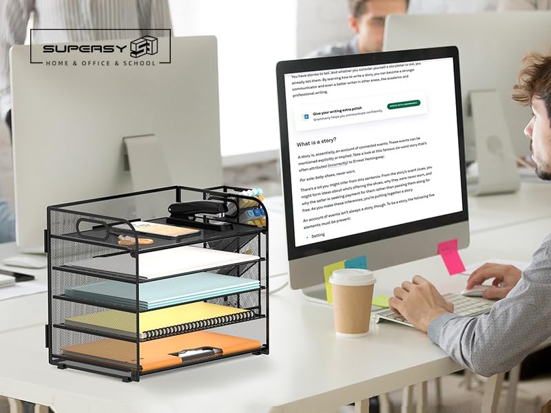 5-Tier Paper Organizer for Desk with Pen Holders, 2-Pack, Black