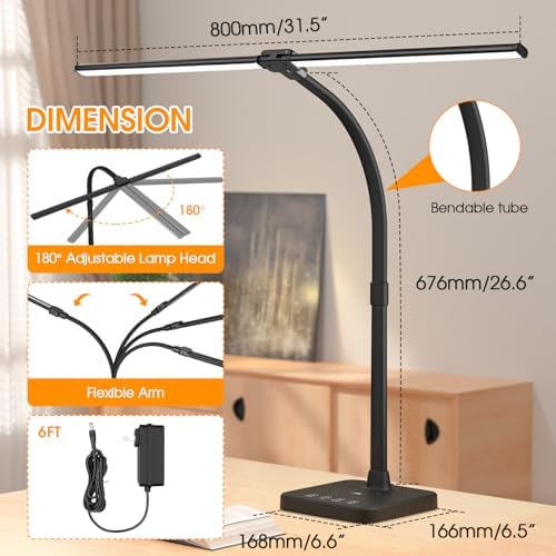 ShineTech LED Desk Lamp, 24W Double Head Desk Light with Wireless Charging