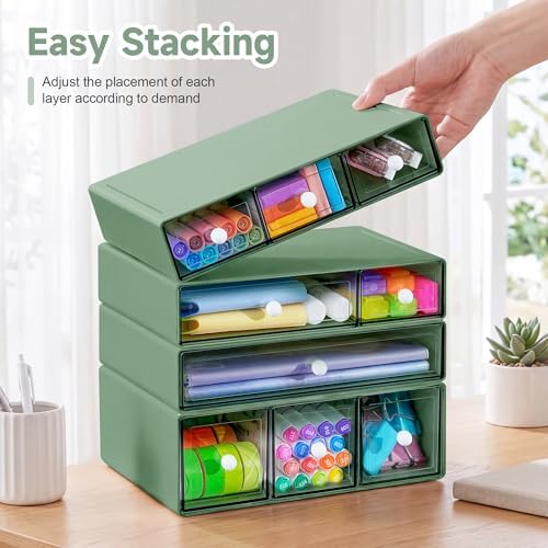 Desk Organizer with 9 Drawers, 4 Tiers Stackable Storage Drawers, Desktop Storage Box with Clear Drawers for Stationery, Makeup, Jewelry, Office and Craft Supplies (Green)