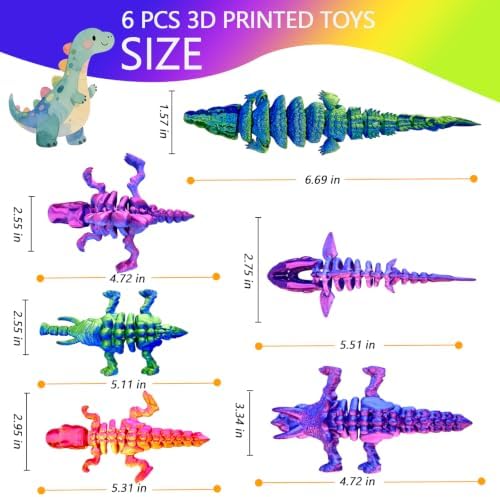 6pcs 3D Printed Dinosaur Skeletons,Snake Flexible，Articulated T-Rex Fidget Toys,Large,3D Printed Animals,Desk Toy，Easter Eggs Basket Stuffers,Toys for Boys Kids Teen Girl 4-6 8-12