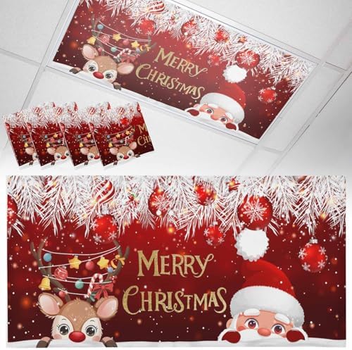 Santa Claus Red Magnetic Fluorescent Light Covers for Ceiling Lights 2 x 4 Feet,Christmas Cute Deer Pine Tree Ball Office Classroom Kitchen Drop Ceiling Light Covers Filters Shade Panel 4 Packs