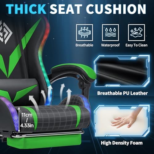 RGB Gaming Chair with Massage & Footrest Racing Style Computer Chair-Green