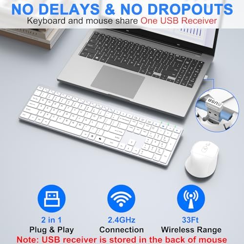 Wireless Keyboard and Mouse Combo, Full Size Silent Ultra Thin Keyboard with Magnetic Wrist Rest, Optical Mouse, 2.4G Lag-Free Cordless Mice Keyboard Set for Computer, Mac, Laptop, PC, Windows