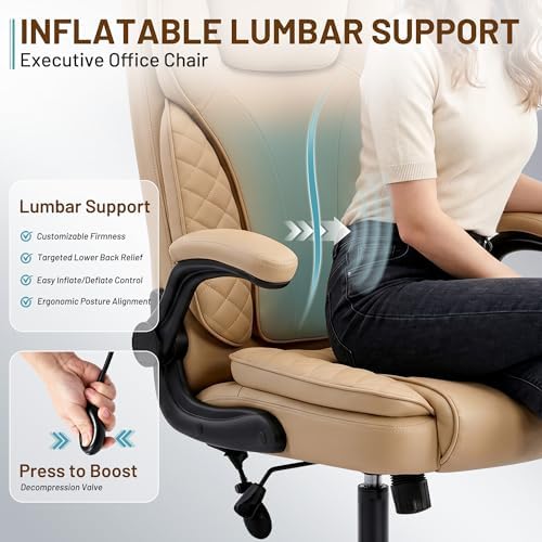 Ergonomic Office Chair, PU Leather High Back Executive Chair with Adjustable Inflatable Lumbar Support and Padded Flip-Up Arms, Recline Swivel Task Computer Chair for Home Office, Khaki