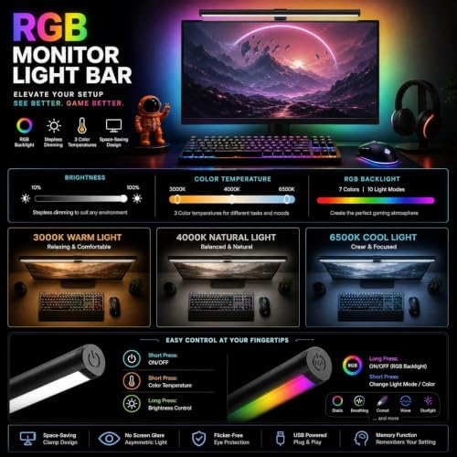 RGB Monitor Light Bar Dual USB Reading Screen Lamp Touch Switch