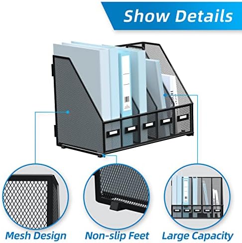 SUPEASY Desk Organizers Metal Desk Magazine File Holder with 5 Vertical Compartments Rack File Organizer for Office Desktop, Classroom, Home Workspace, Black
