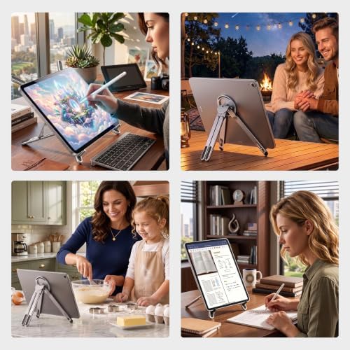4-in-1 Foldable Magnetic Device Stand, Adjustable Aluminum Laptop Riser with Built-in Phone Holder, Portable Desktop Notebook Mount Compatible with 10-16"Laptops, 4-13" Phones & Tablets, Silver Gray