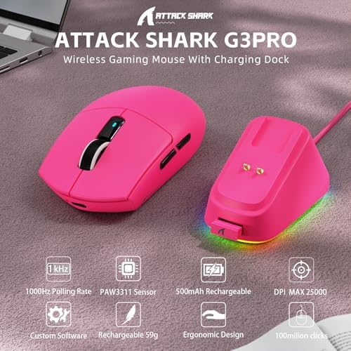 ATTACK SHARK G3 PRO Tri-Mode Wireless Gaming Mouse with RGB Charging Dock
