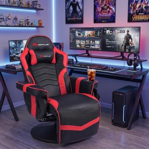 POWERSTONE Gaming Recliner, PU Massage Gaming Chair with Footrest, Cup Holder, Headrest and Side Pouch, Adjustable Single Sofa Living Room Chair(Red)