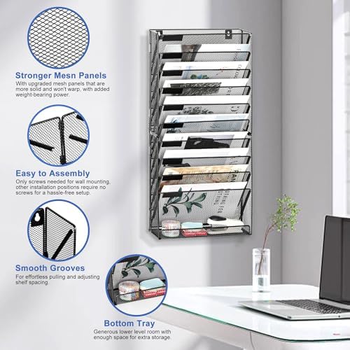 EasyPAG Wall File Holder 10 Tier Mesh Hanging Folder Organizer with Flat Tray Wall Mounted Mail Organizer Magazine Paper Desk Shelf with Nametag Label for Office Home School, Black