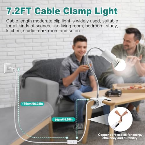 Desk Clip Lamp Holder, Clip on Light with Metal Clip Base,360° Flexible E26/E27 Book Clamp Light Fixture with 7.2 FT Cable, 9MM&350MM Thickened Lengthened Gooseneck Clamp Light Socket, for Study Work