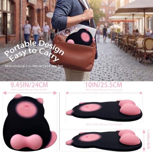Gel Mouse Pad with Wrist Rest for Mouse Ergonomic Cat Mouse Wrist Rest Non-Slip Silicone Cute Mousepad with Wrist Support for Computer Desk Gaming Laptop Home Office Desk Accessories Black Pink
