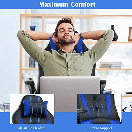 Blue Gaming Chair, PU Leather Gaming Chairs for Adults, Comfy Office Chair Ergonomic Desk Chair Computer Chair with Flip Up Arms, Swivel Reclining Gamer Chair, Height & Backrest Adjustable, 300 Lbs