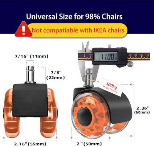 Hirate 2 inch Office Furniture Casters 7/16 inch Stem Dual Rubber Wheel