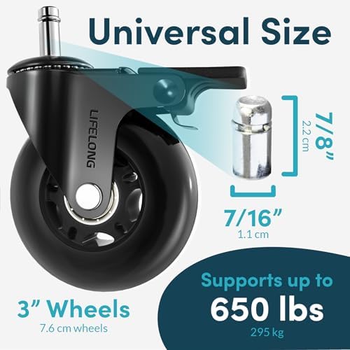 Lifelong Brake Office Chair Wheels Replacement, Heavy Duty, Black, 5-Pack