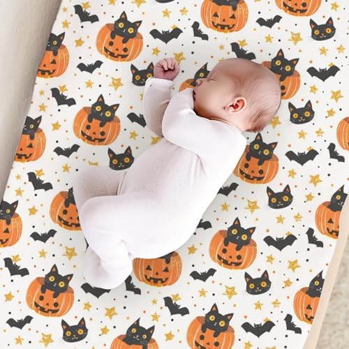 Cute Halloween Pumpkin Cat Bats Stars Pattern Baby Changing Pad Cover, Unisex Fall Winter Holiday Nursery Diaper Changing Table Pad Mat Sheet for Boys Girls-16x32