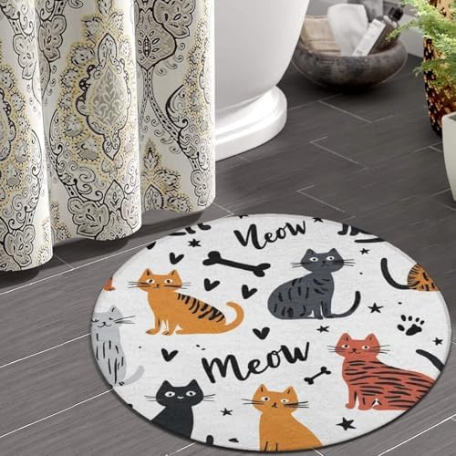 Large Home Decor Mat, Soft Round Yoga Carpet, Non Slip Machine Washable Kitchen Office Circle Rug Cute Cat Animals Pet