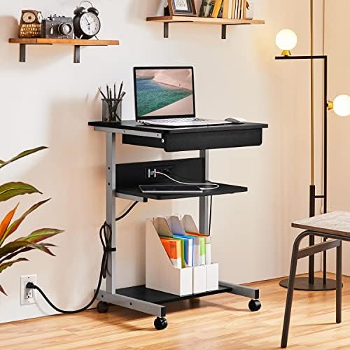 Yaheetech Small Rolling Computer Desk with Power Outlet, Laptop Cart, Black