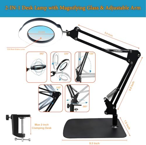 15X Magnifying Glass Desk Lamp with Metal Base, 5 Color Modes 10 Levels Adjustable Brightness, 360° Rotatable Flexible Aluminum Arms – Ideal for Reading, Crafting, Close Work, Eye-Caring Table Lamp