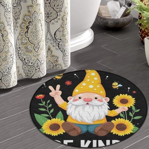 Large Home Decor Mat, Soft Round Yoga Carpet, Non Slip Machine Washable Home Office Circle Rug Be Kind Sunflower Gnome